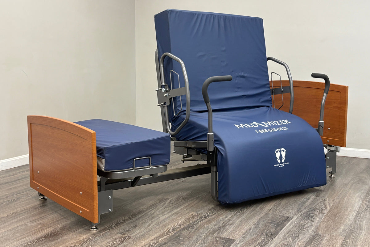 Med-Mizer ActiveCare Fixed Height Rotating Homecare Bed Med-Mizer ActiveCare Fixed Height rotating hospital bed in chair exit position with residential wood finish
